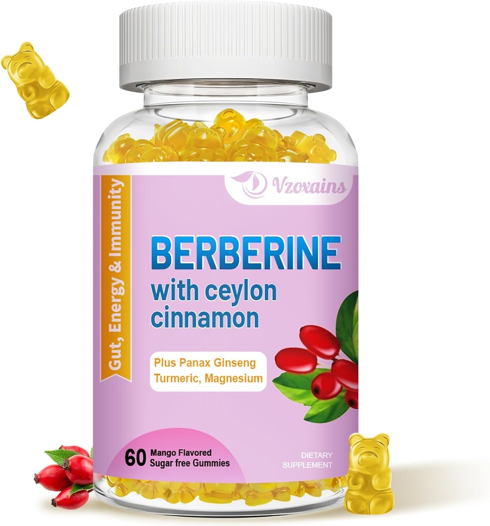 Berberin s Ceylonom Cimetom Gummies, HCI dodatek za visoko moč Berberine, Imunska zdravstvena podpora, 60 Mango arome Gummies
