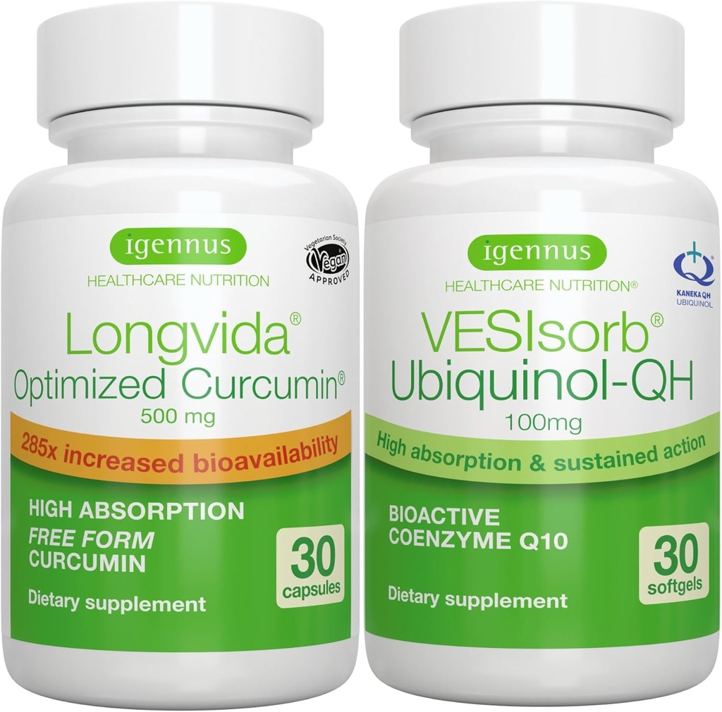 Longvida Curcumin 500mg + VESIsorb Ubikinol-QH Advanced CoQ10 100mg Bundle, Ultra biorazpoložljiv kurkumin z biorazpoložljivim in hitro delujočim Ubikvinolom Igennus