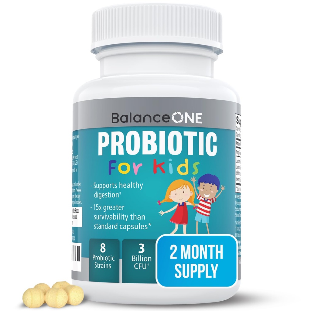 Balance ONE Time-Release Kids Probiotic – Do 15x Boljša preživetja – 3 milijard CFU – Gut & Prebavna podpora za otroke – Sladkor brez sladkorja, enostaven za pogoltniti, 2 mesec dobave