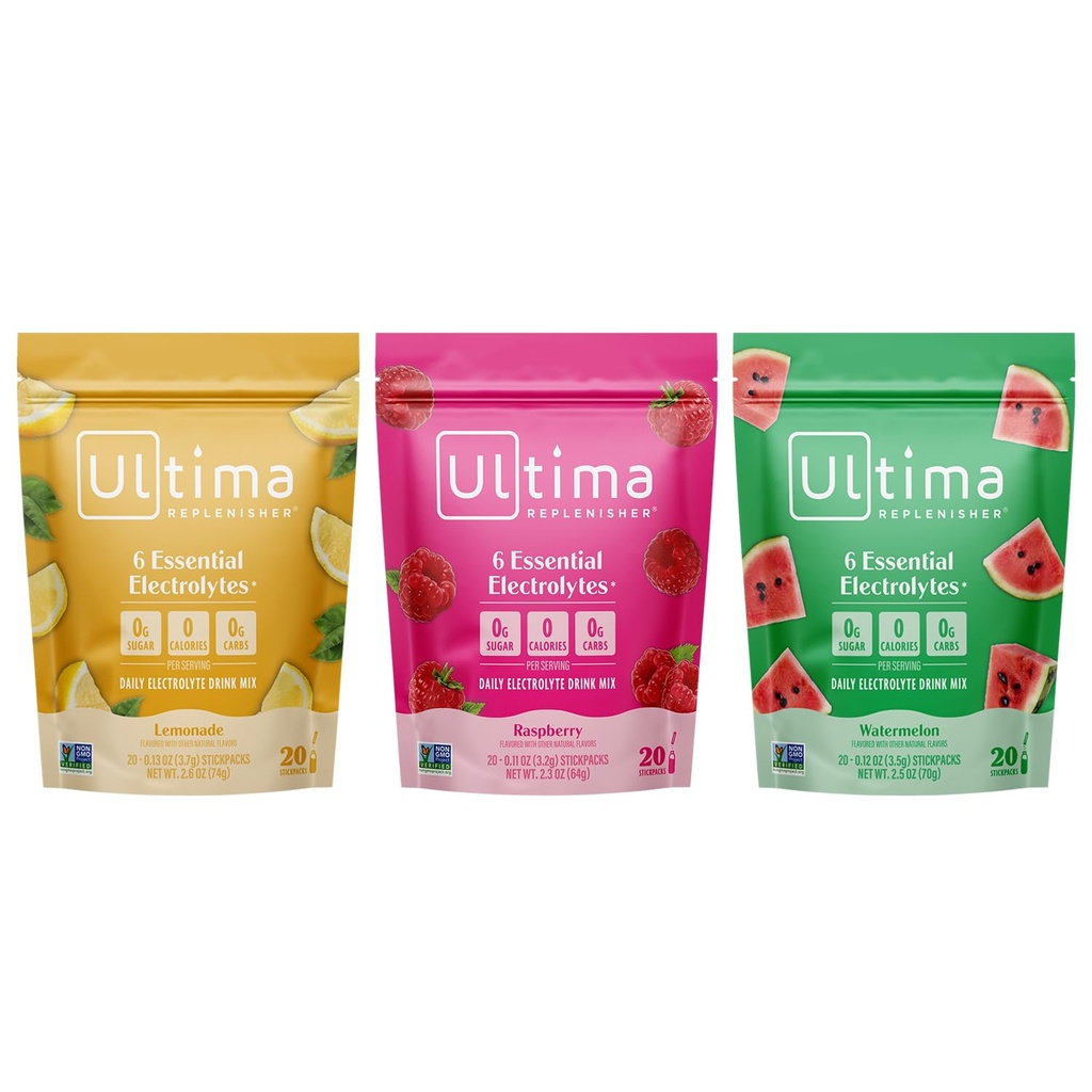Ultima Replenisher Electrolyte Powder Drink Mix Bundle – Sugar Free – Limonada in malina in lubenica, 20 Stickpacks – 6 Elektroliti in minerali – Keto prijazno, Vegan, Non-GMO