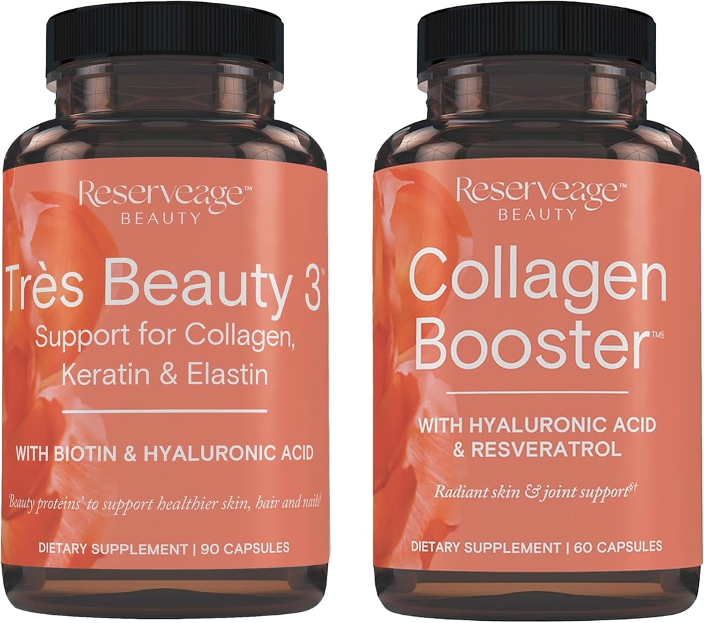 Rezerva Beauty, Tres Beauty 3, Beauty dodatek za rast las, nego kože in nego nohtov 90Caps & Collagen Booster, Kolagen dopolnilo za nego kože in skupno zdravje, podpira Zdravil 60Caps