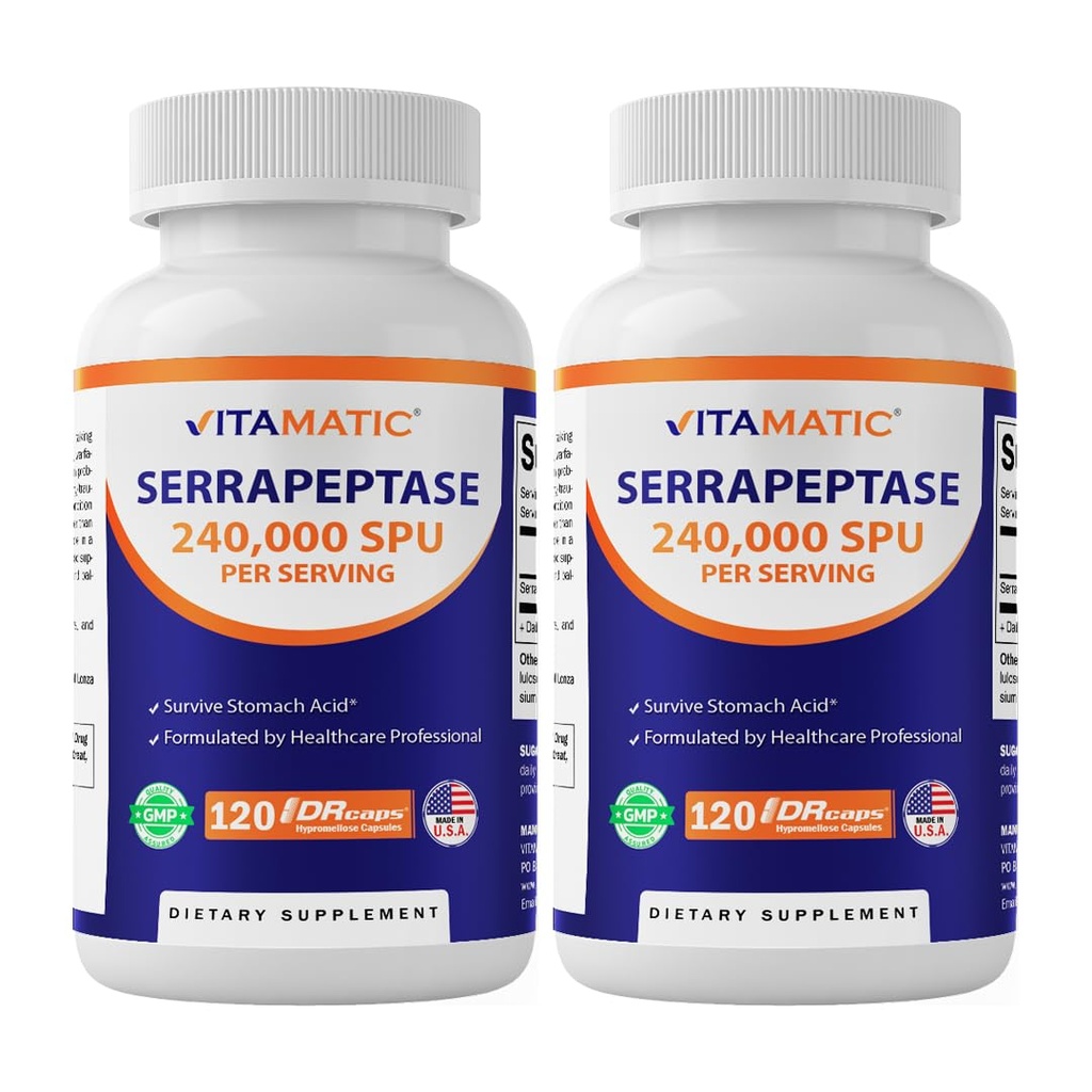 Vitamatska Serrapeptaza 240.000 Služabnikov SPU, 120 zapoznelih sproščenih kapsul - enterično prevlečenih - ne-GMO-izdelanih v ZDA (120 Count (Pack of 2))