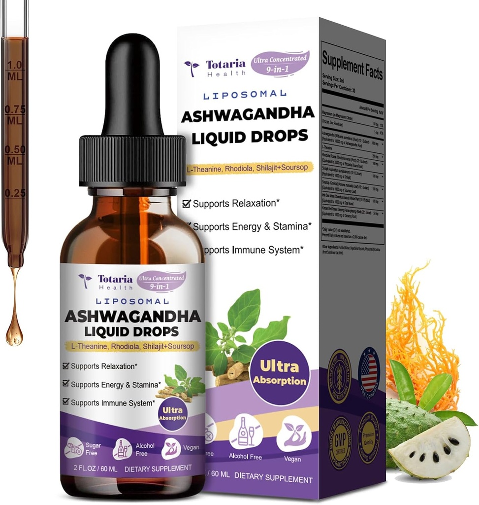 Totaria Liposomal Ashwagandha tekoče kapljice, Ultra moč Ashwa koren ekstrakt dodatek s Shilajit, Ginseng, Magnezij, Soursop, L-Theanin, 60ml