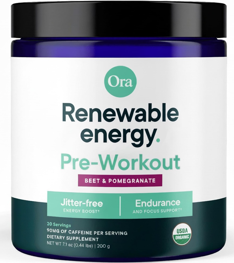 Ora organski predworkout prašek za moške in ženske Berry Beet Flavor- Vegan Certified Organic, Soy-free, Dairy-free, Gluten-free- Zagotavlja Jitter-free Energija Boost za ženske in moške, 20 Serving