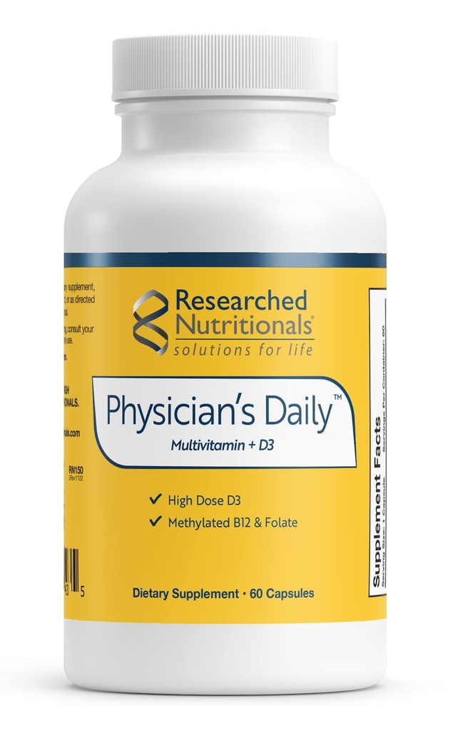 Researched Nutritionals Physician's Daily + D3 Supplement - Dnevni multivitaminski za moške in ženske z vitaminom D3 2000iu, vitamin B12, vitamin B6 + metilirani folat (60 kapsul)