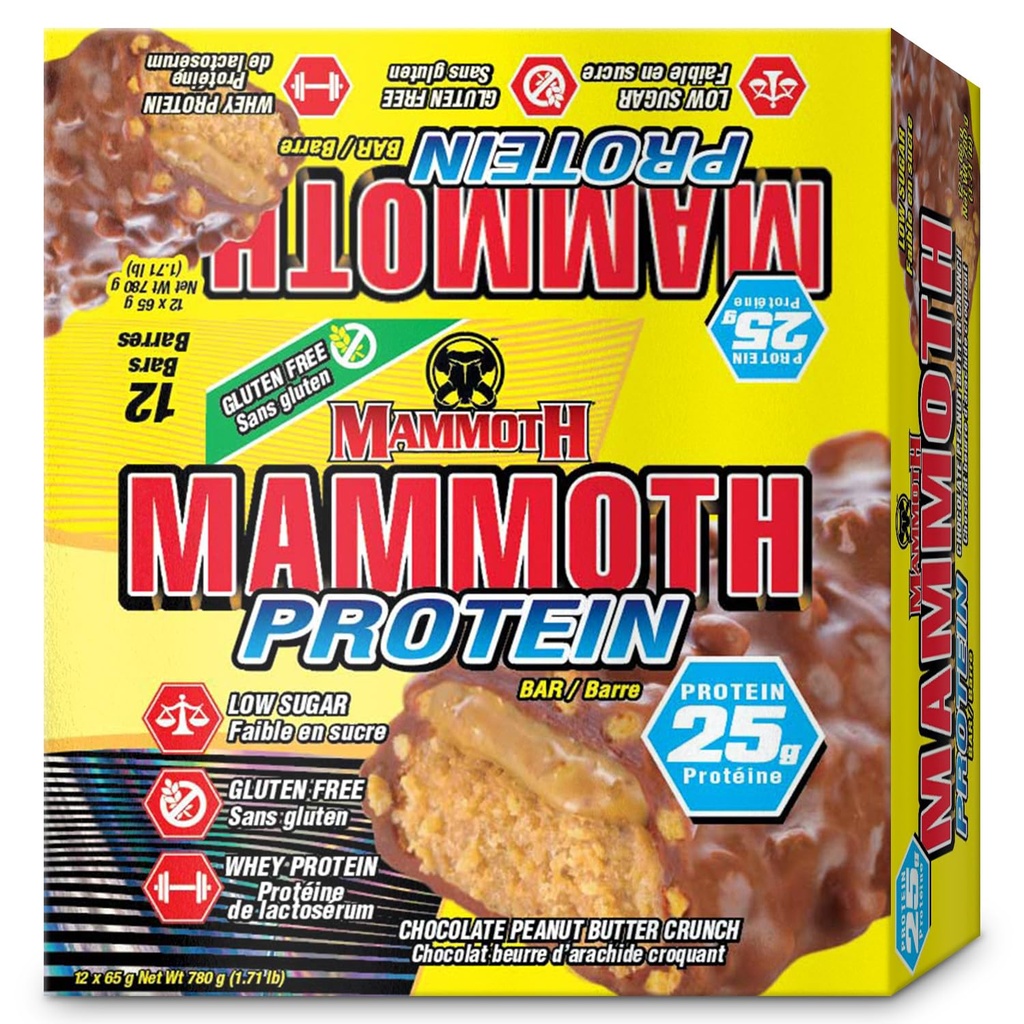 Beljakovinska ploščica MAMMOTH, hrustljavo arašidovo maslo, 25 g beljakovin, nizko vsebnostjo sladkorja, brez glutena, 12 x 65 g (12 g) (krutnje arašidovega masla) (12 št.