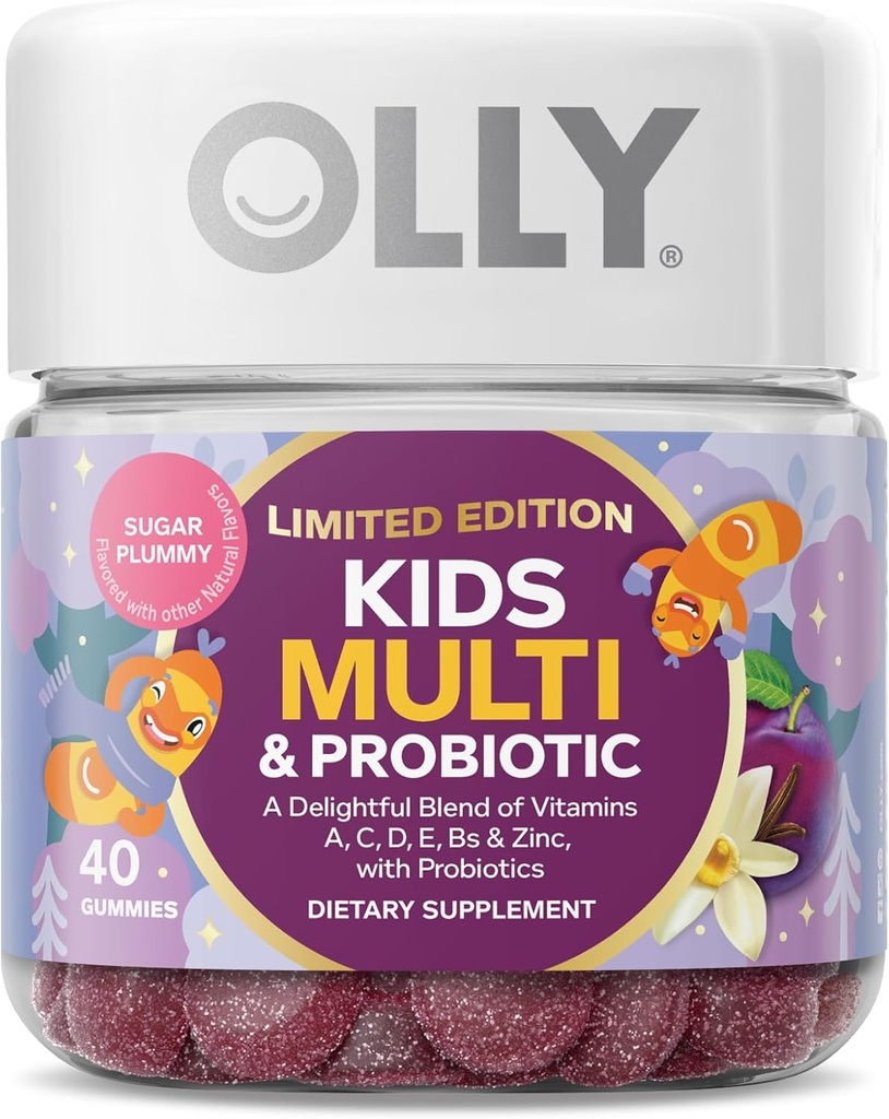 OLY otroci multivitaminski & probiotični, omejena izdaja, Prebavna podpora, Vitamini A, D, C, E, B, cink, žvečljivi dodatek, Sugar Plummy - 40ct
