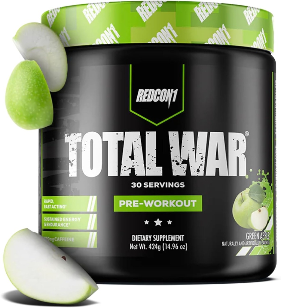 REDCON1 Total War Pre Workout, Zelena Apple - hitro deluje kofein Preworkout za moške + ženske z Beta Alanine - Vsebuje Citrulin Malate za povečanje črpalke, pretok krvi (30 strežnice)