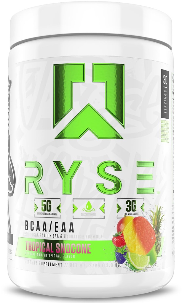 RYSE BCAA EAA prašek - Tropski snocone - 5g razvejane verige aminokislin, 3g esencialne aminokisline, brez sladkorja elektroliti za pred in po vadbeno obnovo mišic, hidracijo in moč - 30