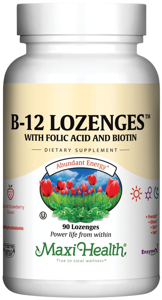 Vitamin B12 Lozenges s folno kislino in biotin - Podjezično B 12 Vitamini Jagodna aroma - Vegetarian Kosher B 12 Vitamin - VIT B12 Dodatek za proizvodnjo rdečih krvnih celic in energije (število 90)