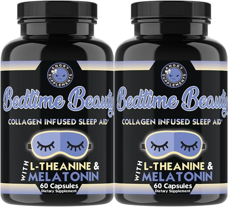 Bedtime Beauty, Collagen Infunded Night Time Aid, Vse naravne tablete z L-Theanin, Melatonin, Magnezij in hialuronska kislina z Jezni dodatki (2-Bottles)