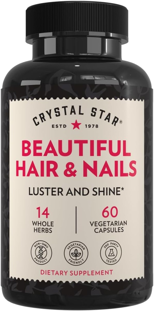 Crystal Star Lep las & Nail Supplement (60 kapsul) – Zeliščni dodatek podporo Debelejši lasje in nohti – Konjski rep, Nettle & Alfalfa – Non-GMO