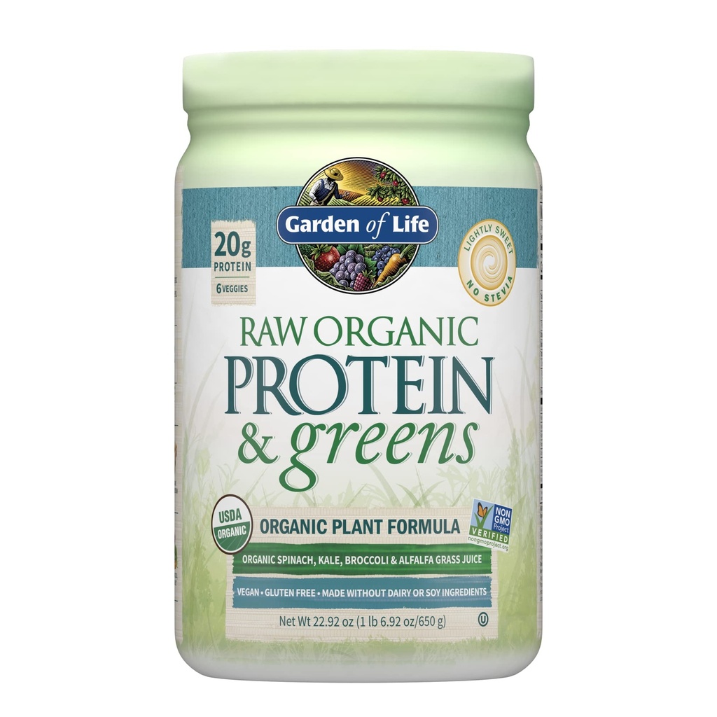 Vrt življenja Raw Organic Protein & Greens Lahek Sweet, Vegan Protein Powder za ženske in moške, Rastline in Pea Protein, Zeleni, Probiotiki, Gluten Brez ogljikovih hidratov Shake Made without Dairy 20 Servings