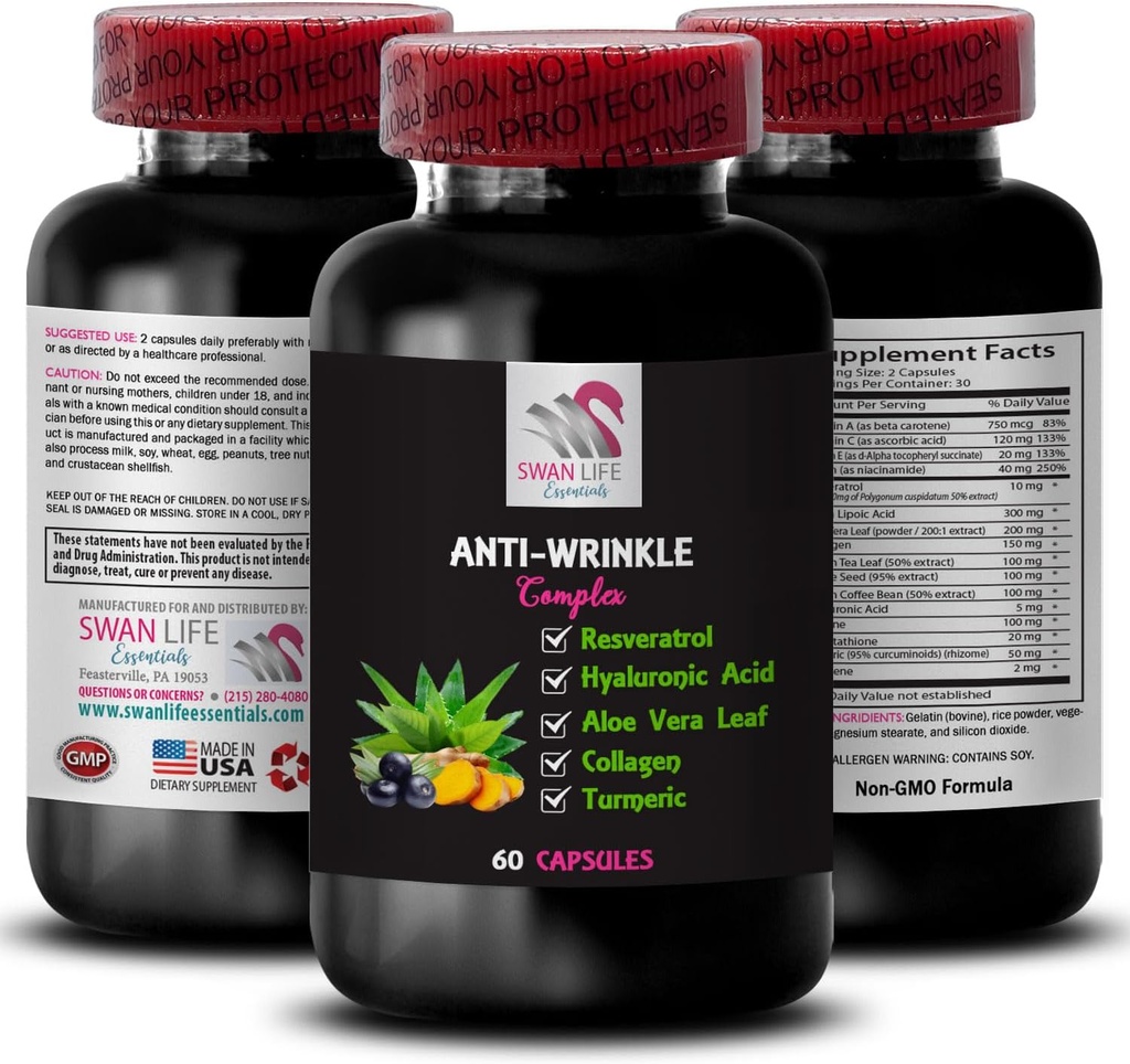 Alpha Lipoic Acid Support - ANTI-WRINKLE COMPLEX - Aloe Vera Leaf Prednosti, Colagen Boost, Green Tea Leaf Extract, Grozdna moč, Zelena kava Fižol Prednosti, Hialuronska kislina 1 steklenica 60 kapice
