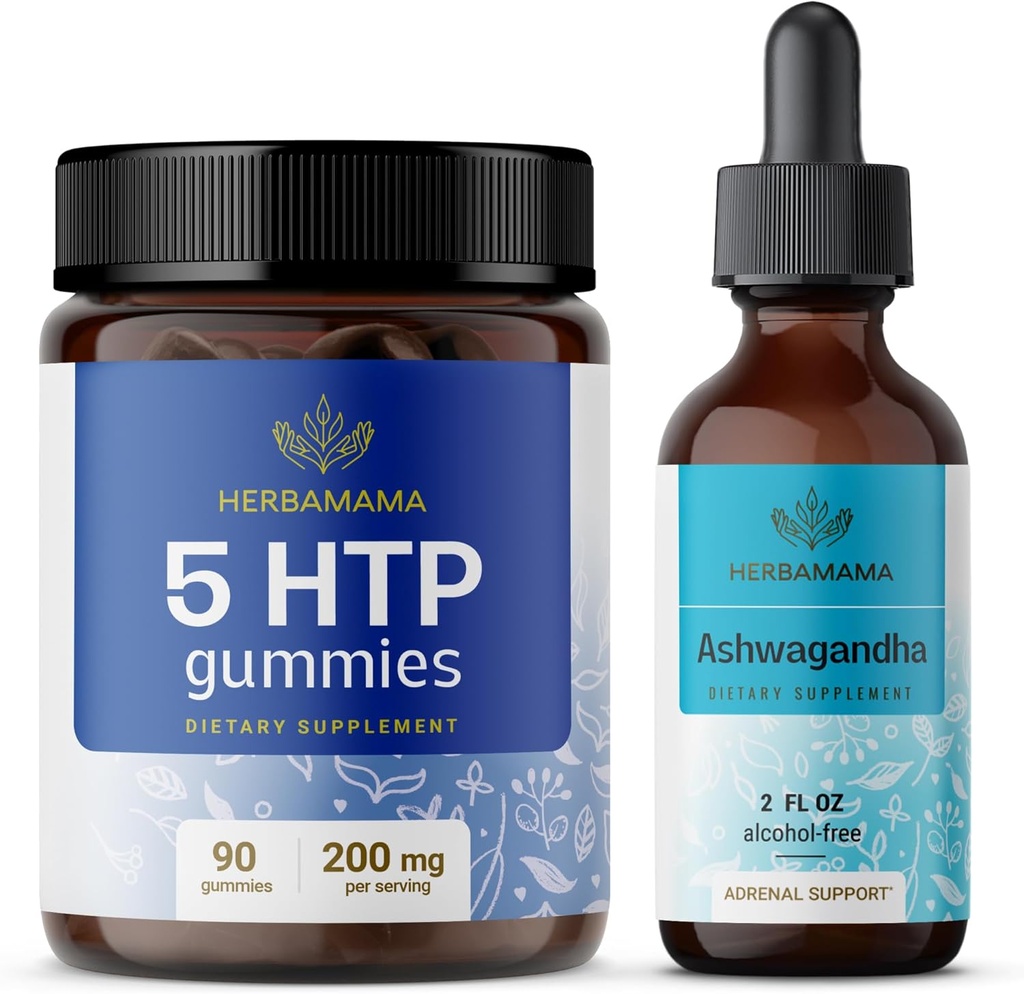 HERBAMA 5-HTP in Ashwagandha Kit - paket 200 mg 5-Hydroxytriptofan Gumies & Ashwagandha tekoče kapljice 2 fl oz - Vegan, Non-GMO, Alkohol in želatina - 2 paket