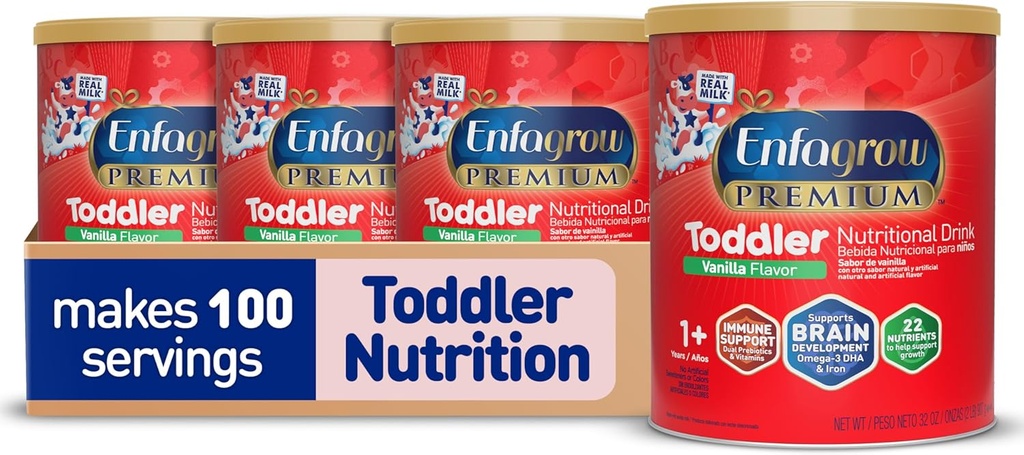 Enfagrow Premium Toddler Nutritional Drink, Vanilla Flavor, Omega-3 DHA za podporo možganov, Prebiotiki in vitamini za imuno zdravje, Powder Can, 32 Oz, Pack po 4