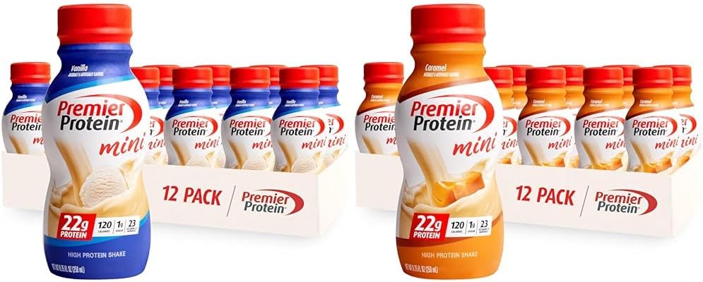 Premier Protein Shake MINI Vanilla & Karamelne arome, 22g beljakovine, 120 kalorij, 1g sladkorja, 8,75fl oz, pakiranja po 12