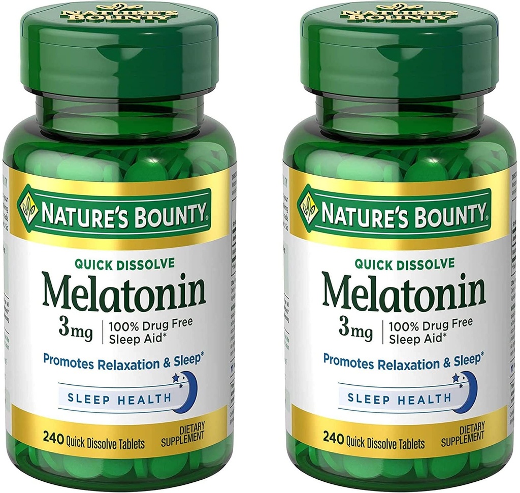 Bounty narave Melatonin 3mg, 100% brez drog pomoč za spanje za odrasle, podpira sprostitev in spanje, prehranska dopolnila, 240 Število (Pack od 2)