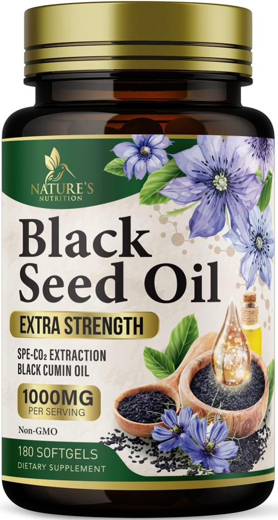 Black Seed Oil Softgels 1000mg - Premium Nigella Sativa Blackseed, Pure Natural Black Cumin Seme Oil & Antioksidant za podporo kože in imunskega sistema - Non GSO, Ustekleničen v ZDA dodatek - 180 Softgels