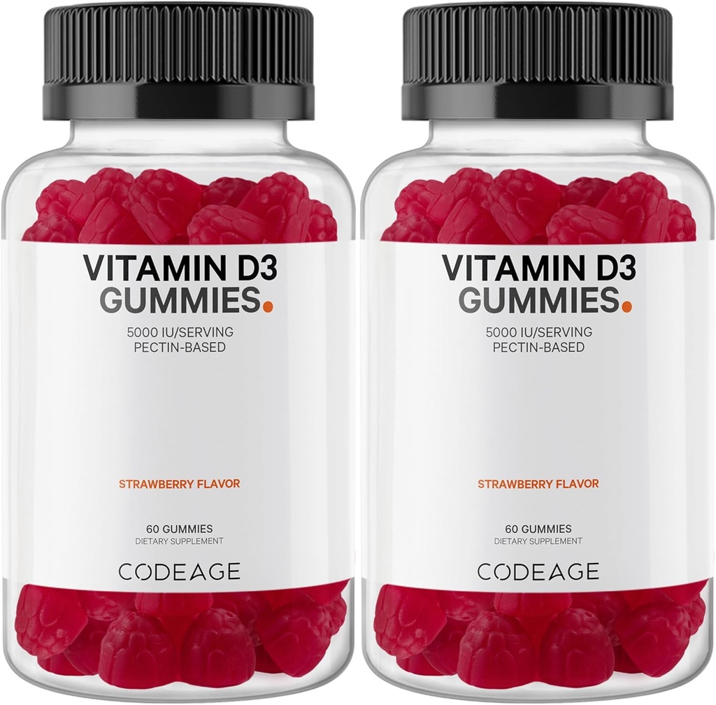 Koda Vitamin D3 Gummy Vitamini, Vitamin D3 5000 i.e. Gumiji Holekalciferol 125 μg, Mehki pektin Based, Živalski želatina-free Gummy, Gumies Vitamini, Okusna jagoda, Ne-GMO - 2-pak