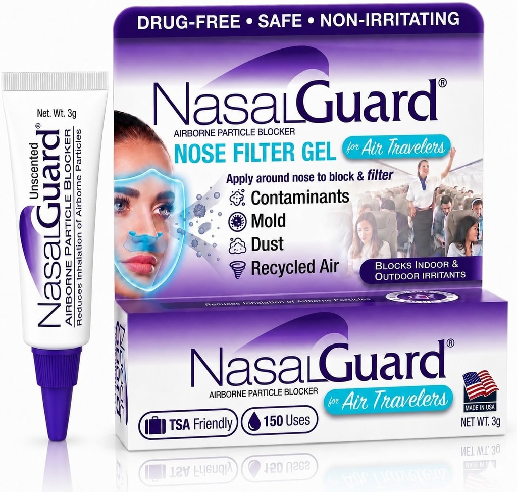 Zračni blokator delcev Nazal Gel za letalske popotnike - brez drog, nedražilno, neuporabno, potovanje z letalom odobreno (neuporabno) - več kot 150 aplikacij na cev (0,1 oz, pakiranje po 1)