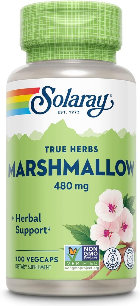 SOLARAY Marshmallow Root Kapsule 480 mg - Pomirjujoča zeliščna podpora w/Whele Marshmallow Root - visoko v Mucilage Soluble Fiber, Vegan, Non-GMO, Lab preverjeno, 60-dnevno garancijo, 100 Serving, 100 VegCaps