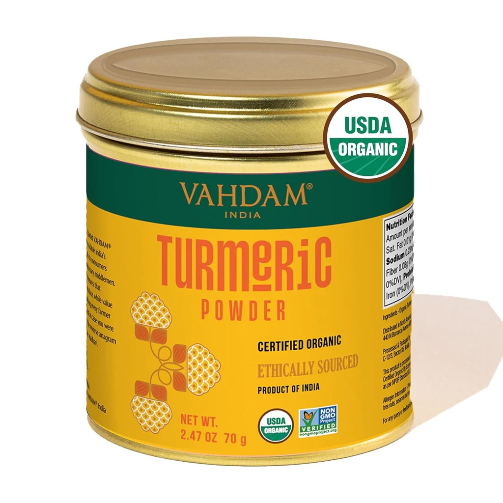 VAHDAM, organski kurkumin v prahu w/ visok kurkumin (2.47oz) USDA Organski, 100% surovi iz Indije 