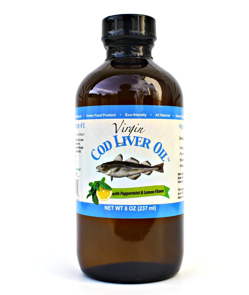Deviško trsko Jetrno olje - 8 Fl oz Naravno, trajno pridobljena, Wild Caught & Sveže Okus. Visoka vsebnost vitamina D, Omega 3 DHA/EPA (oranžen lemon in pepermint)