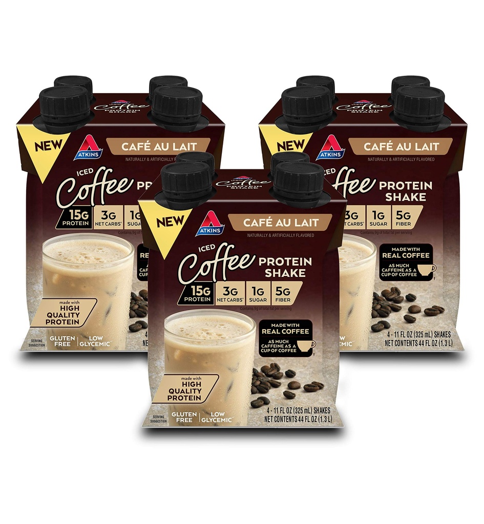 Atkins Café au Lait Iced Coffee Aroured Protein Shake, High Protein Shake, Nizki sladkor, Nizki ogljikovi hidrati in nizek sladkor, Keto prijazno, Gluten brezplačno, 12 Število