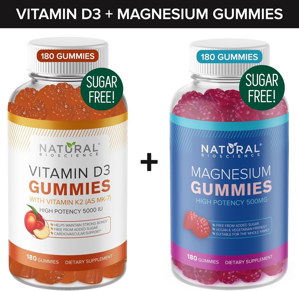 Brez sladkorja Vitamin D3 K2 Gummies (180 Gummies) in sladkor brez dodatne moči Magnezije Gummies (180 Gummies), Vitamin D3 Gummies 5000 i.e.+K2 MK7 80 mcg, Magnezijev Citrat Gummies 500 mg