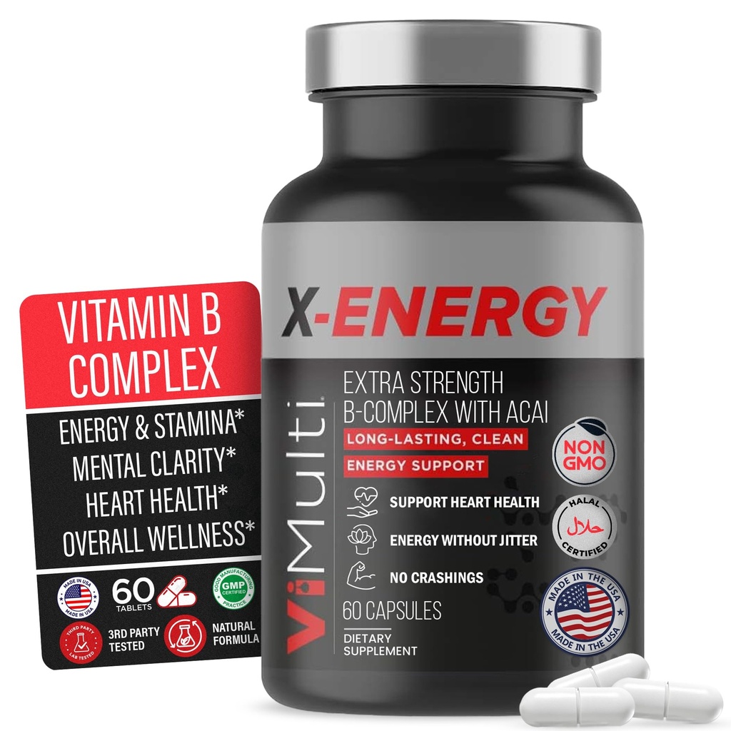 X-Energy Extra Strength B Complex s kofeinom in vitaminom B12 – energijska podpora z B1, B2, B3 Niacin, B6, Folna kislina, Biotin, B5, Taurin, ginseng, Rhodiola, Maca, Acai & Spirulina – 60 kapsul