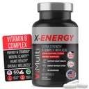X-Energy Extra Strength B Complex s kofeinom in vitaminom B12 – energijska podpora z B1, B2, B3 Niacin, B6, Folna kislina, Biotin, B5, Taurin, ginseng, Rhodiola, Maca, Acai & Spirulina – 60 kapsul