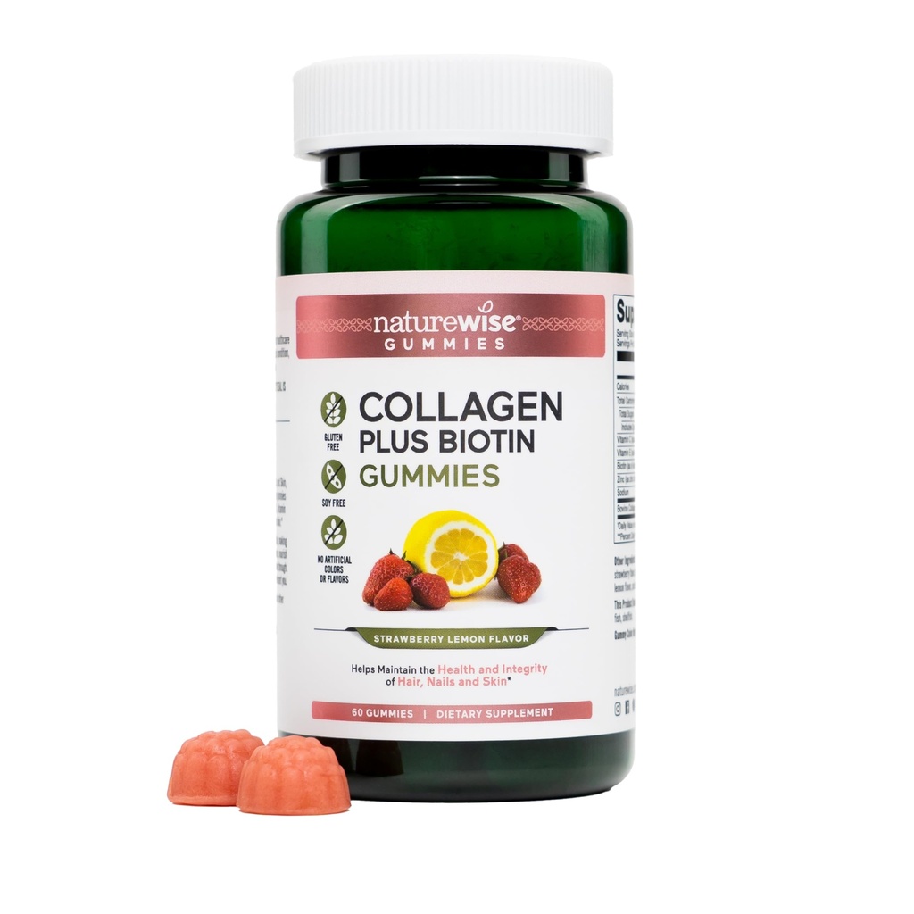 NatureWise Collagen Gumies - hidrolizirani kolagenski gumiji - peptidi tipa 1 in 3 za ženske + biotin, vitamin C, E, in cink za podporo za kožo in nohte las - 60 Count[1-mesečna zaloga]