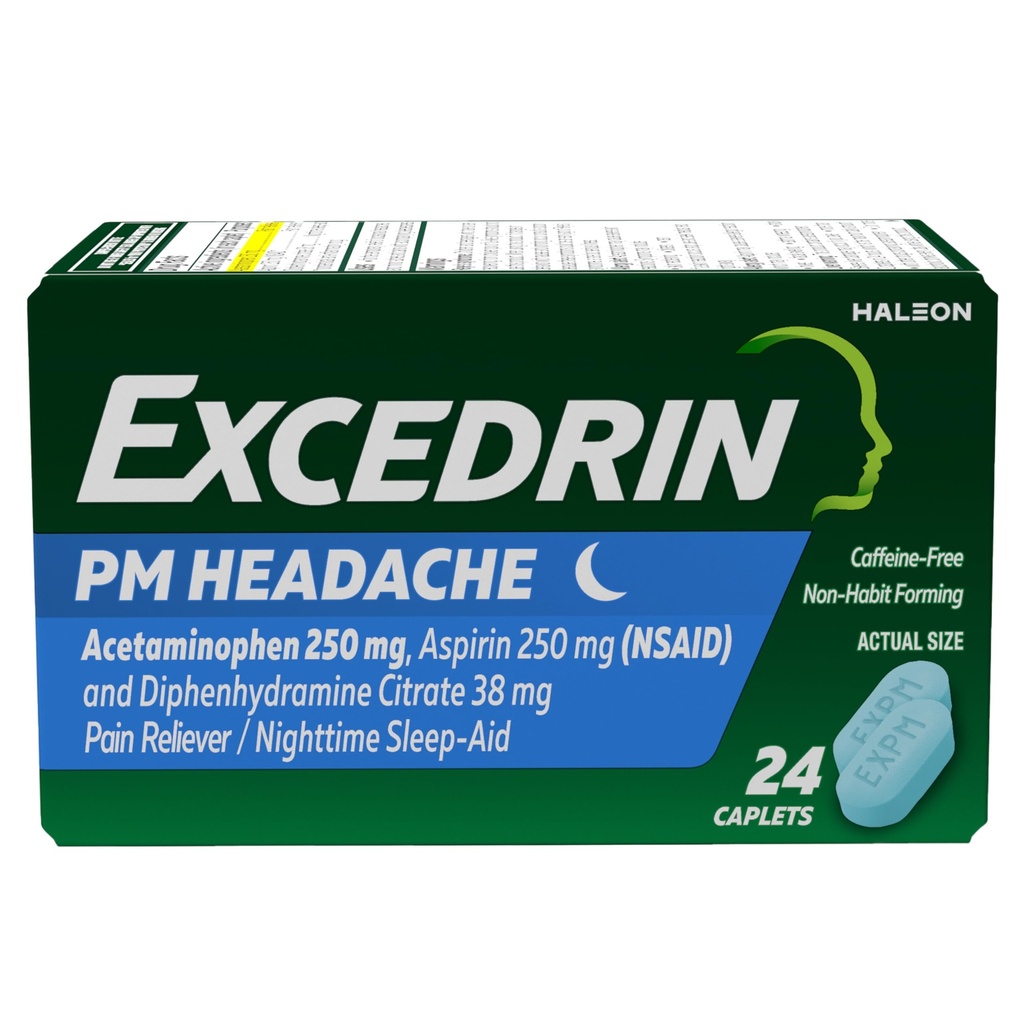 Excedrin PM za lajšanje glavobola, acetataminofen 250mg, Aspirin 250mg, Difenhidramin Citrat 38mg, bolečina Reliever, nočno spanje-Aid, 24 Število