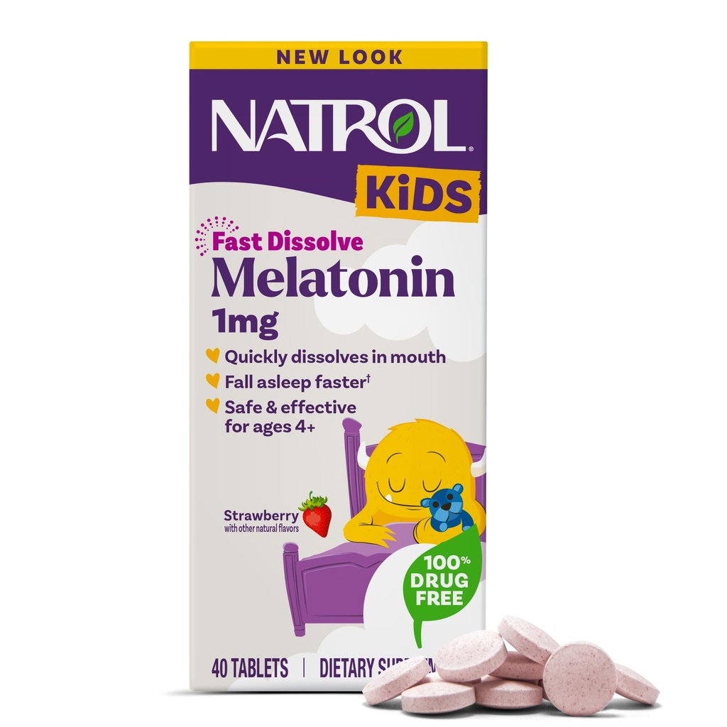 Natrol Otroci hitro raztopite melatonin 1 mg, prehranska dopolnila za mirne sanje, tablete za spanje za otroke, 40 jagodno-slavljene melatonin tablete, 40 dnevna oskrba