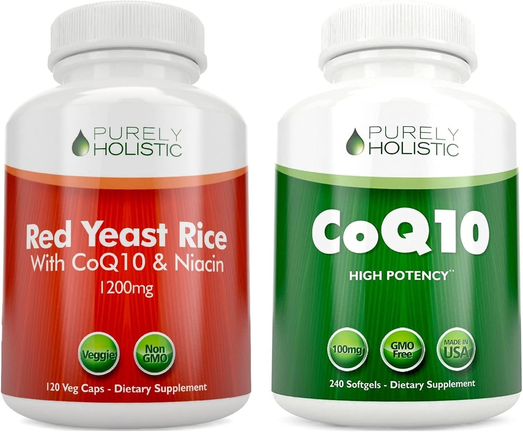 Čisto holistično rdeče Kvas riž 1200mg & Niacin + CoQ10 100mg - 120 kapsul & 240 softgels paket - Izdelano v ZDA