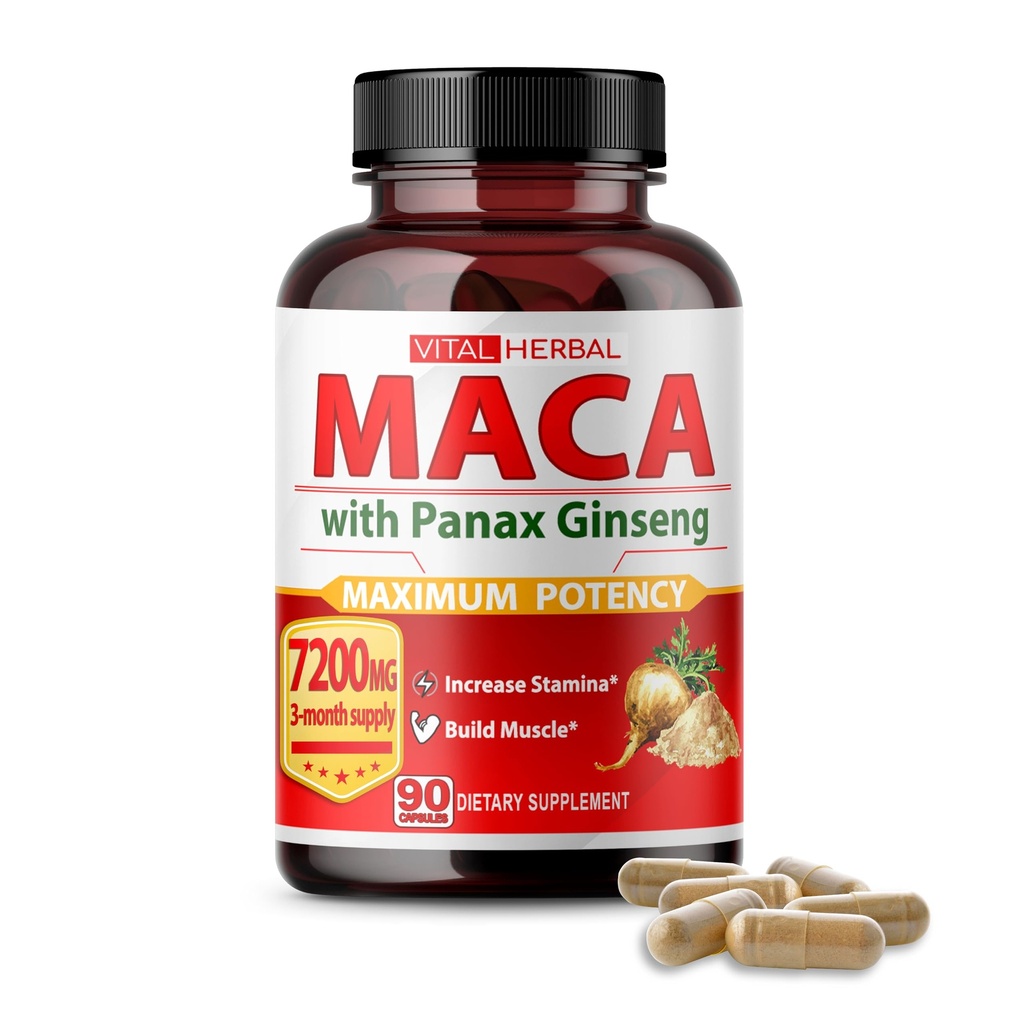 Vital Herbal Maca Root Complex z Ashwagandha, Tongkat Ali, Tribulus, Horny Goat Weed & Panax Ginseng – Zeliščna podpora za energijo in zmogljivost – 90-dnevna dobava