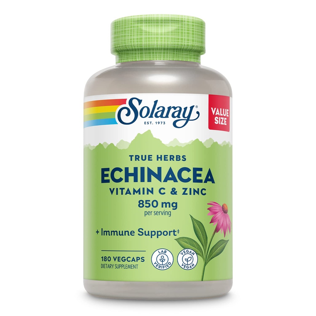 SOLARAY Echinacea Vitamin C & cink 850mg Plus Bioflavonoidi, Echinacea Kapsule za zdravo imuno podporo, Vegan, Lab preverjen, 60-dnevni denar nazaj garancije, 90 Serving, 180 VegCaps