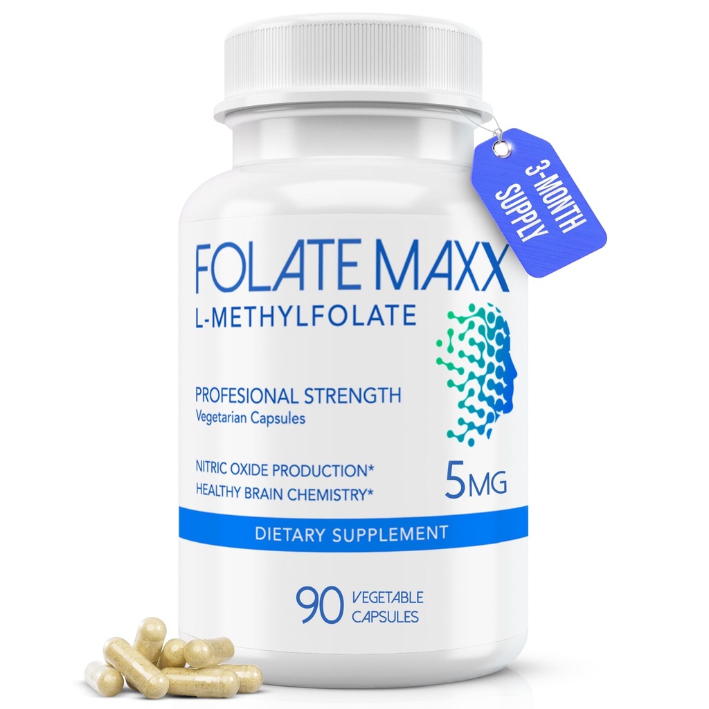 FolateMaxx L-metilfolat 5mg, 90 kapsul – zdravnik Oblikovan metil Folat dopolnilo za ženske in moške – Visoka moč 5-MTHF za energijo, Mood & Focus – Non-GMO, Gluten-free (3-mesečna oskrba)