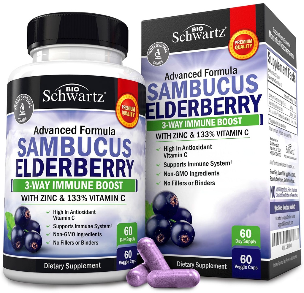 Bezgove kapsule z cinkom in vitaminom C za odrasle - Imunska podpora Vitamini za ženske in moške - Black Sambucus Bezgove jagode Vitamin C in cink - Imunska obramba Multiminerals dodatek, 60 Število