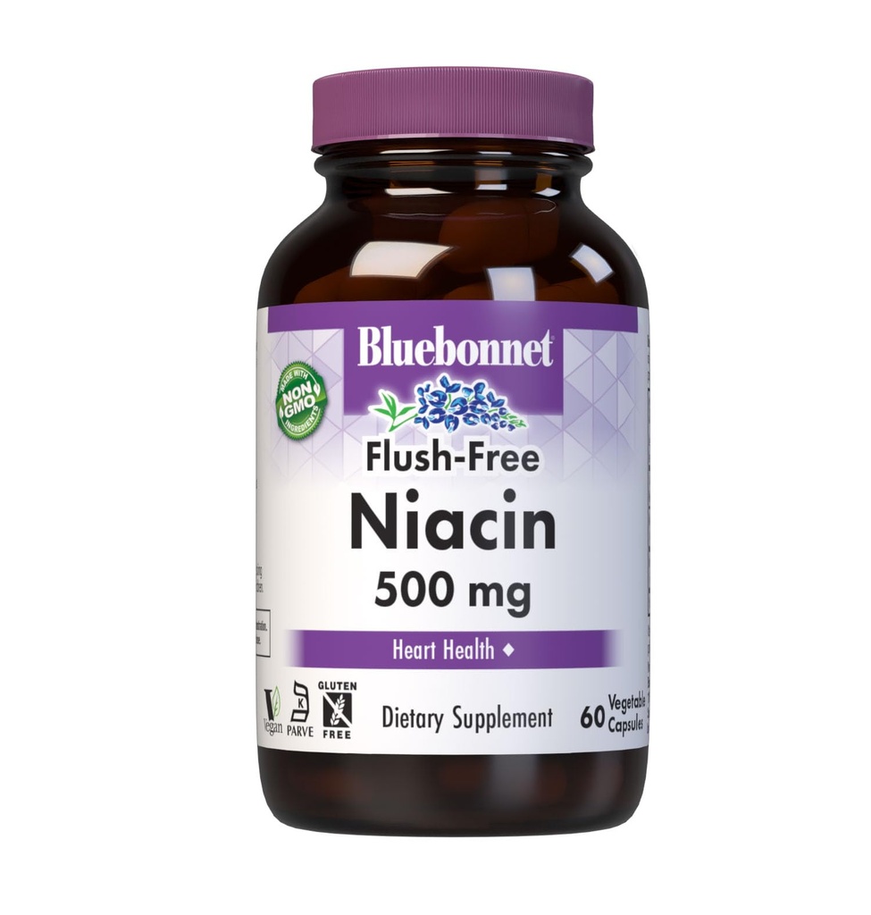 Bluebonnet Nutrition Flush-free Niacin 500mg, za prehransko kardiovaskularno podporo*, brez soje, brez glutena, brez GMO, Kosher Certified, Dairy-free, Vegan, 60 Zelenjavnih kapsul, 60 Servingov