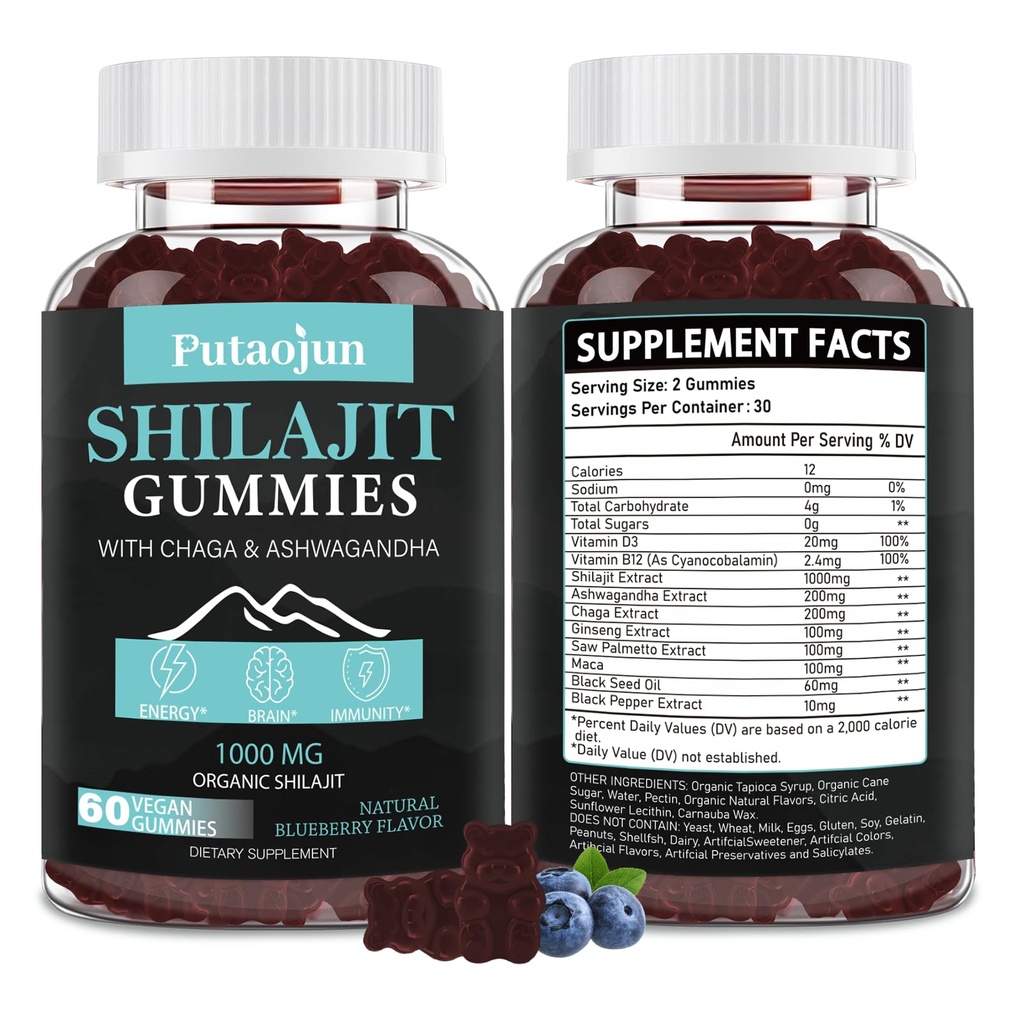 Shilajit za Man,Woman & Kid.Himalayan Gold Shilajit Gummies.1000mg Shilajit,200mg Ashwagandha,200mg Chaga,100mg Ginseng,100mg Saw Palmatto,60mg Black Seed Oil