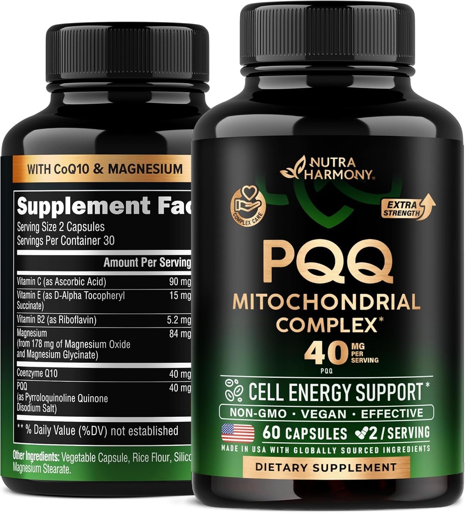 PQQ 40 mg - PQQ z dodatkom CoQ10 - Mitohondrija Biogeneza & Celularna proizvodnja energije - z magnezijem, vitamini C, E & B2 - Čist in zelo biorazpoložljiv laboratorij Tested - Izdelano v ZDA - 60 kapsul