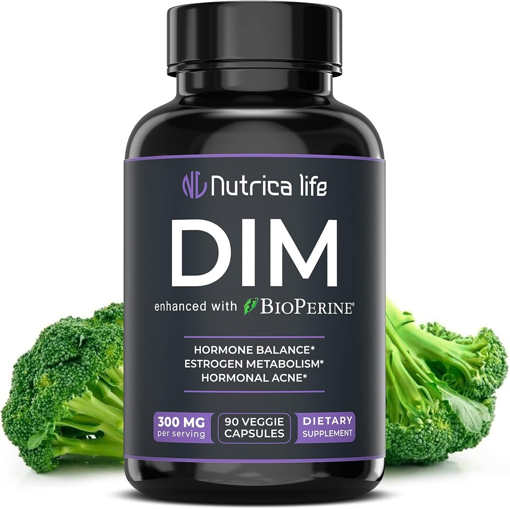 DIM dodatek 300mg - Diindolylmetan z Broccoli & BioPerin - Hormone Balance podpora za ženske in moške, estrogen Presnova, Menopause Relief & Hormonal Acne Control - 90 Veganske kape