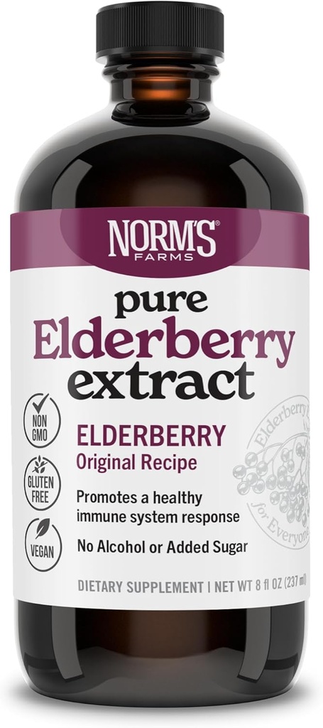 Norm’s Farms Pure Elderberry Extract - narejen samo iz bezgavk v ZDA - Imunska, antioksidantna podpora, Brez dodanega sladkorja, dodatki, Vegan, Gluten-free, Non-GMO, Starejše jagode Tinkture Alkohol - 8 Oz
