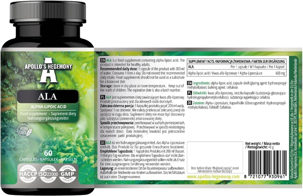 APOLLO'S HEGEMONY ALA (Alpha Lipoic Acid) 600 mg - 60 Vegan Capsules - Optimizes Glucose Management - Supports Mitochondrial Health - Two Month Supply