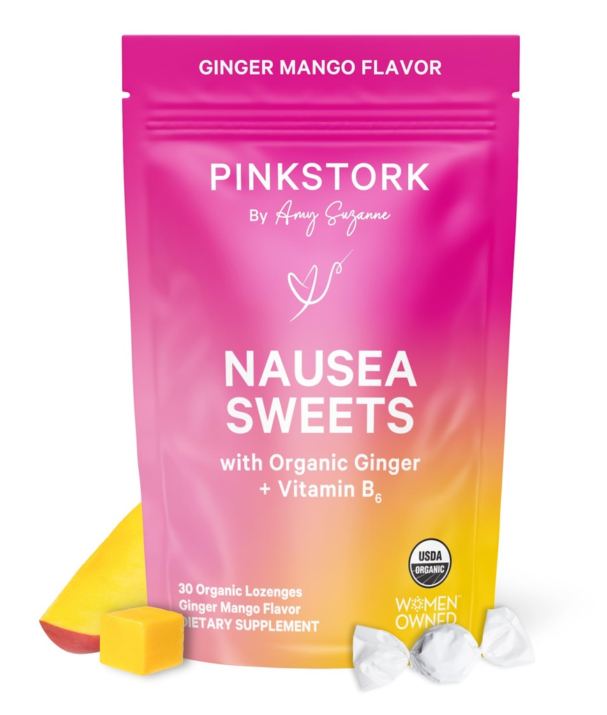 Pink Stork Organic Mango bonboni z vitaminom B6 za jutranjo bolezen in gibanje bolezen, dodani Ginger & Vitamin B6, 1. Trimester nosečnost mora imeti - 30 Zaviti bonboni