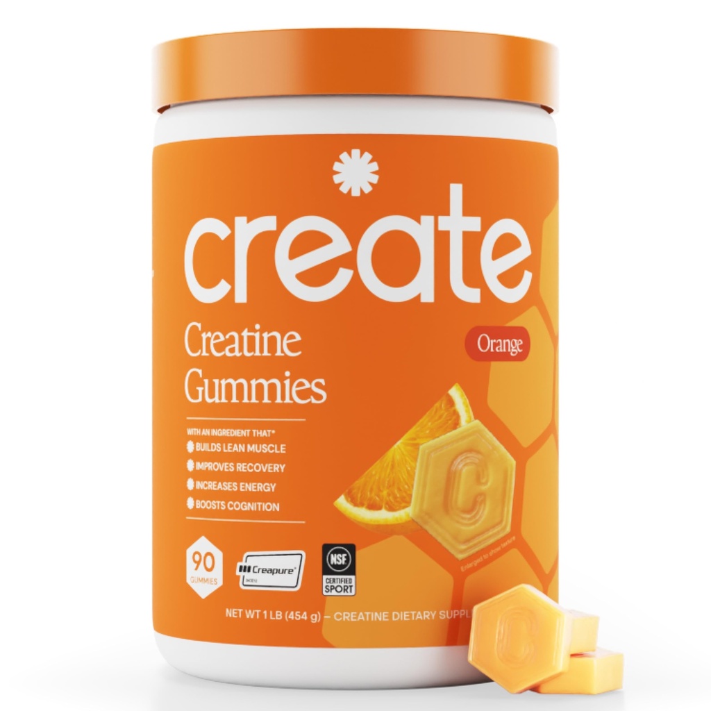 Ustvarite Kreatin monohidrat Gumije za moške in ženske, Boost Focus, Moč in vzdržljivost, Anti-Melting Formula, Vegan, Gluten-free, Non-GMO, 1.5g Creatine na Gummy (Orange, 90 ct)