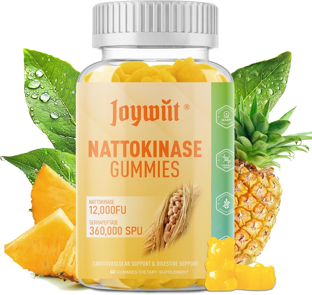 Nattokinase Gummies 12.000 FU, Serrapeptase Gummies 360.000 SPU Enzyme dodatek z Bromelain Papain & Inulin za cirkulator, Gut, Digestion Podpora, Vegan, Non GSO, 60 grofov