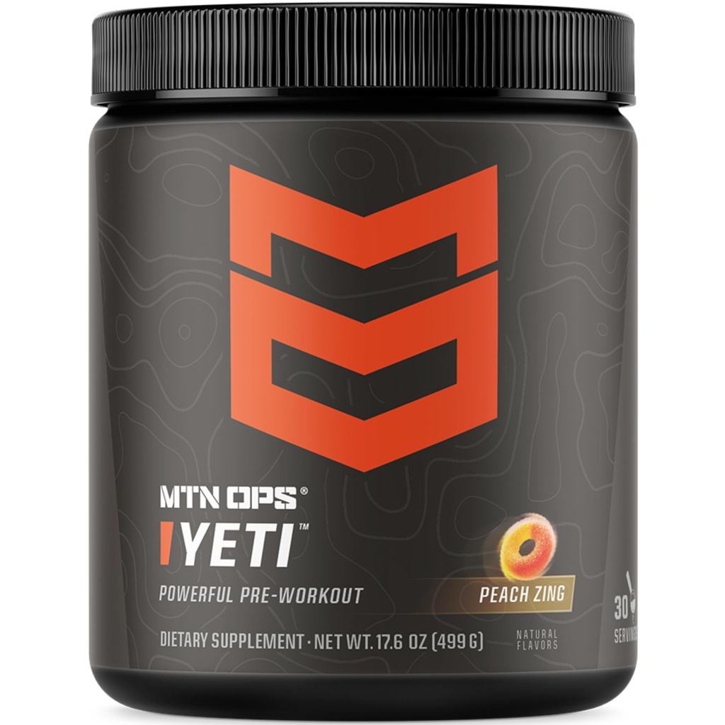 MTN OPS Yeti Predworkout Powder Energy Drink with Creatine, 200mg Kofein & BCAA z Beta Alaninom, 30-serving Tub, Peach Zing